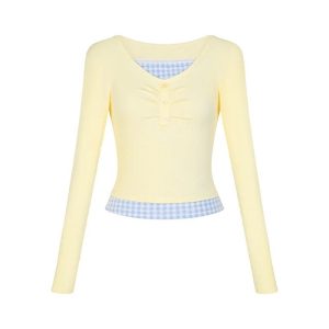 Lemon Gingham Layered Top - Trendy 2000s Fashion Outfit for Y2K Style