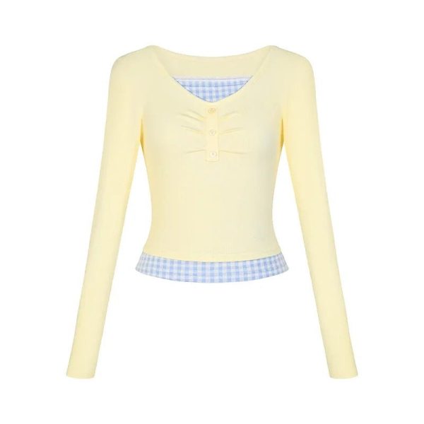 Lemon Gingham Layered Top - Trendy 2000s Fashion Outfit for Y2K Style