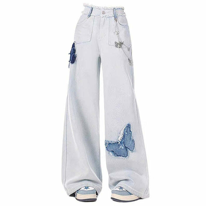 Light Blue Butterfly Aesthetic Jeans - Cute 2000s Outfits & Y2K Fashion