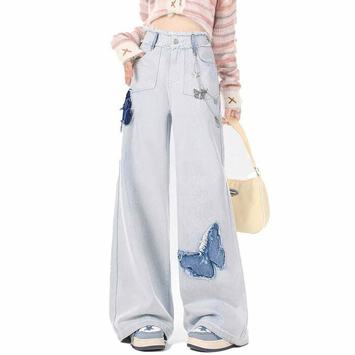 Light Blue Butterfly Aesthetic Jeans - Cute 2000s Outfits & Y2K Fashion