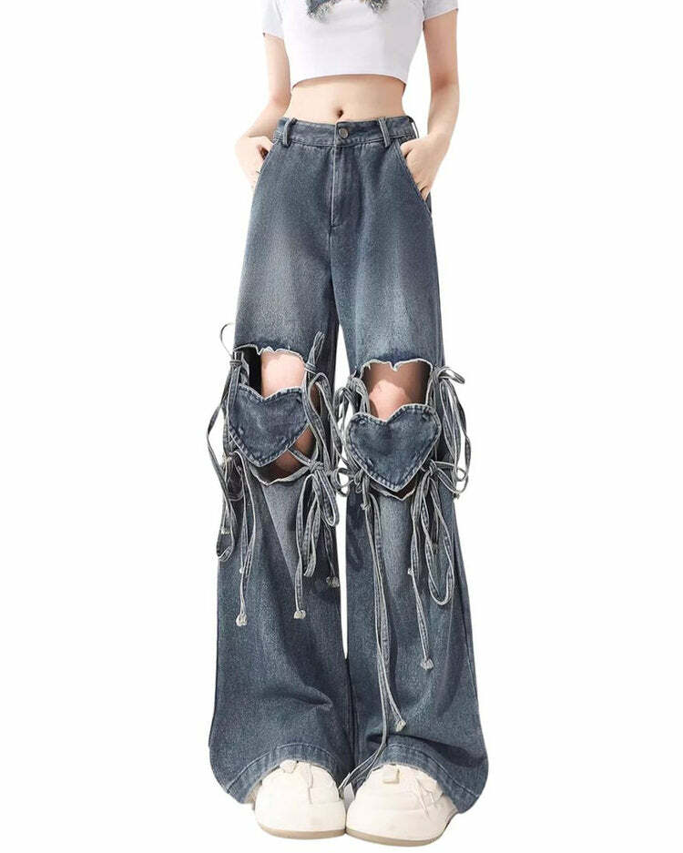 Love Knot Knee-Heart Denim Pants - Cute 2000s Outfits & Y2K Fashion