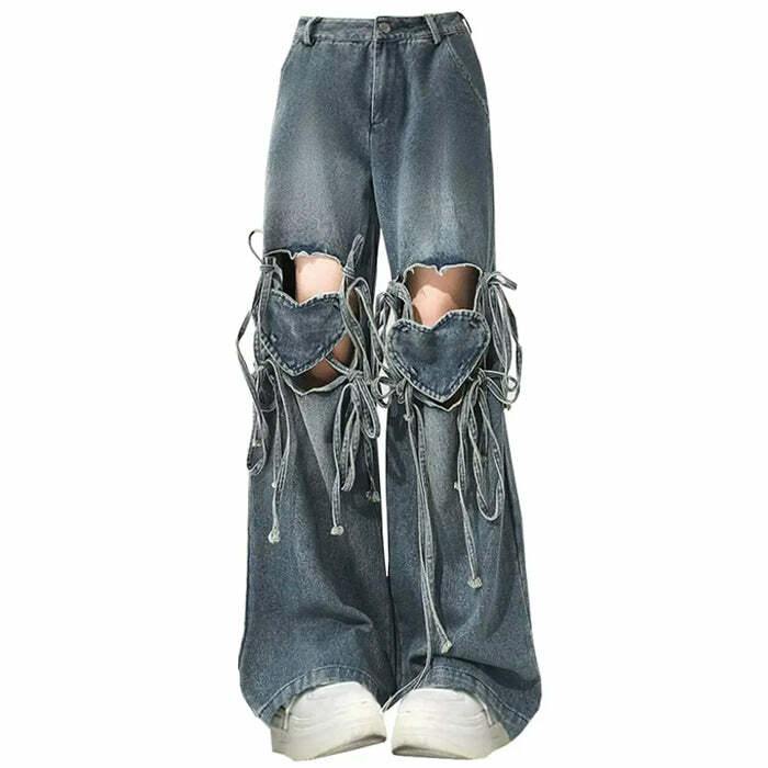 Love Knot Knee-Heart Denim Pants - Cute 2000s Outfits & Y2K Fashion