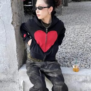 Lovecore Heart Zip-Up Hoodie - Trendy Y2K Fashion Outfit for Fall 2000s