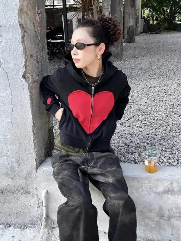 Lovecore Heart Zip-Up Hoodie - Trendy Y2K Fashion Outfit for Fall 2000s