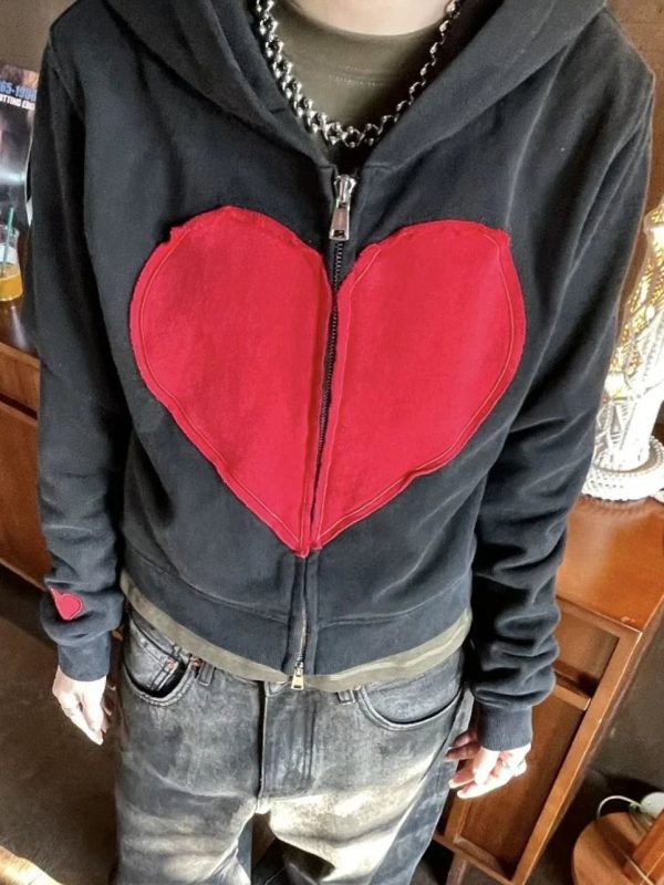 Lovecore Heart Zip-Up Hoodie - Trendy Y2K Fashion Outfit for Fall 2000s