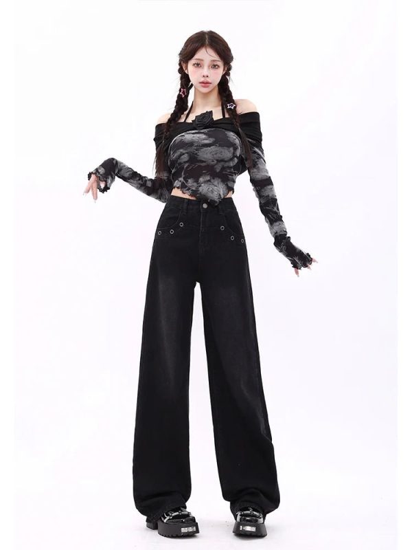 Midnight Wide-Leg Jeans - Iconic Y2K Fashion Outfit for Trendy Women