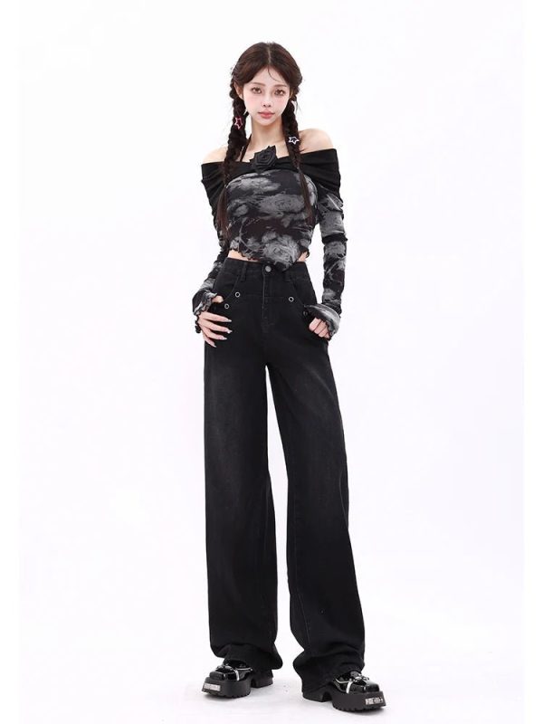 Midnight Wide-Leg Jeans - Iconic Y2K Fashion Outfit for Trendy Women