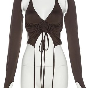 Mocha Ruched Tie-Up Top - Trendy 2000s Fashion Outfit for Y2K Style