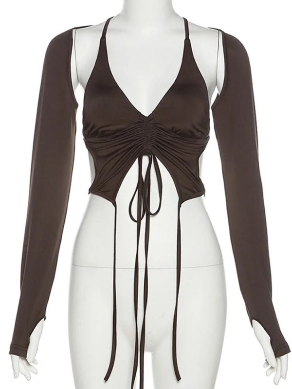 Mocha Ruched Tie-Up Top - Trendy 2000s Fashion Outfit for Y2K Style