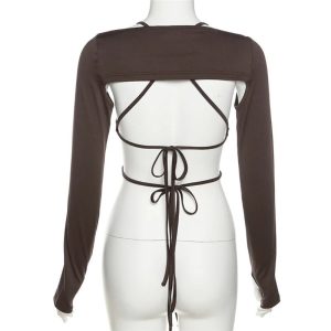 Mocha Ruched Tie-Up Top - Trendy 2000s Fashion Outfit for Y2K Style