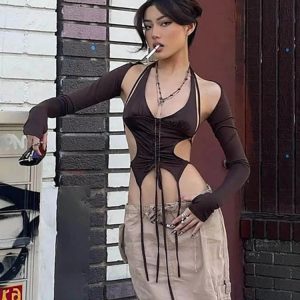 Mocha Ruched Tie-Up Top - Trendy 2000s Fashion Outfit for Y2K Style