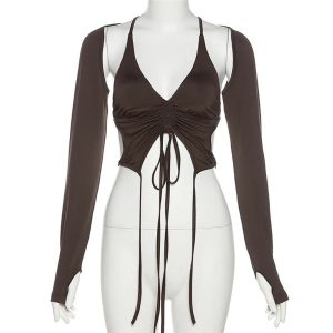 Mocha Ruched Tie-Up Top - Trendy 2000s Fashion Outfit for Y2K Style