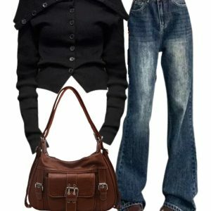 Noir Off-Shoulder Cardigan + Vintage Flare Jeans + Y2K Buckled Satchel Bag