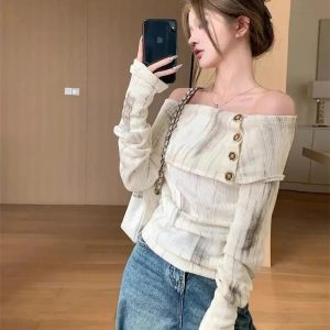 Off-Shoulder Buttoned Knit Top - Trendy 2000s Fashion Outfit for Y2K Style