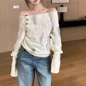 Off-Shoulder Buttoned Knit Top - Trendy 2000s Fashion Outfit for Y2K Style