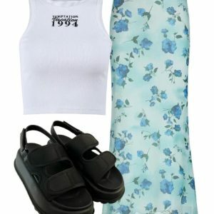 Outfit: 1994 Vintage Ribbed Tank Top + Blue Blossom Mesh Maxi Skirt + Y2K Chunky Sandals