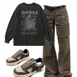 Outfit: Arctic Edge Cargo Pants + Bell Witch Gothic Long Sleeve Top + Y2K Aesthetic Muffin Thick Bottom Sports Shoes