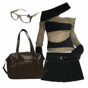 Outfit: Autumn Chic Short Zipper Skirt + Edgy Y2K Asymmetrical Top + 2000s Style Shoulder Bag + Glasses