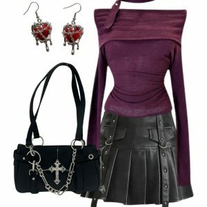 Outfit: Black Buckled Pleated Mini Skirt & Asymmetric Choker Top Y2k Fashion