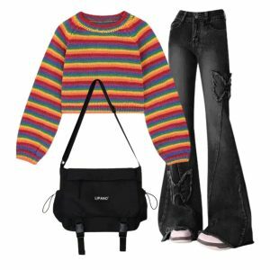 Outfit: Dark Butterfly Flare Jeans + Rainbow Stripes Cropped Sweater + Y2K Crossbody Bag