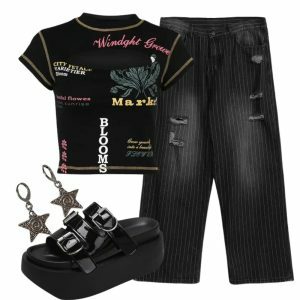 Outfit: Edgy Text Print Keyhole Top + Grunge Distressed Pinstripe Pants + Y2K Glossy Buckle Platform Sandals + 2000s Fashion Earrings