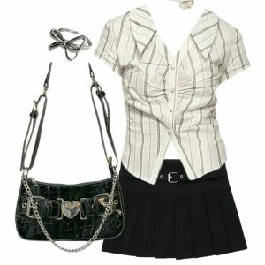 Outfit: Elegant Stripe Office Blouse + Chic Z2k Short Zipper Skirt + Y2k Chain Bag