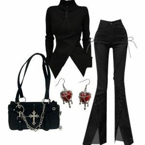 Outfit: Fall Midnight Lace-Up Flare Jeans & Asymmetrical Sweater Y2K Style