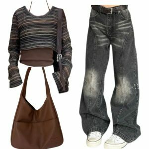 Outfit: Layered Boho Knit Crop Top + Washed Black Wide-Leg Jeans + Large Casual Leather Handbag - Y2K Fashion Inspiration & 2000s Style Outfits