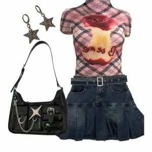 Outfit: Plaid Applecore Mesh Crop Top + Vintage Pleated Denim Mini Skirt + Y2k Black Chain Handbag + Earrings - Iconic 2000s Fashion Inspiration