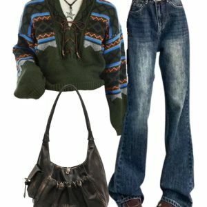 Outfit: Vintage Wash Flare Jeans + Forest Fair Isle Sweater + Y2K Rustic Bag