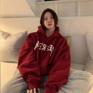 Oversized Maroon Graphic Hoodie - Y2K Fashion Outfit for 2000s Style