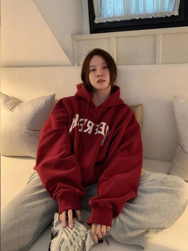 Oversized Maroon Graphic Hoodie - Y2K Fashion Outfit for 2000s Style