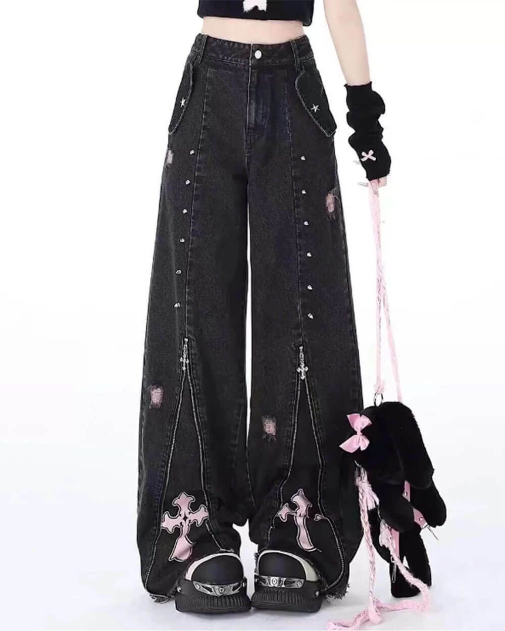 Pastel Goth Cross Baggy Jeans - Trendy Y2K Fashion Outfit for Fall 2000s