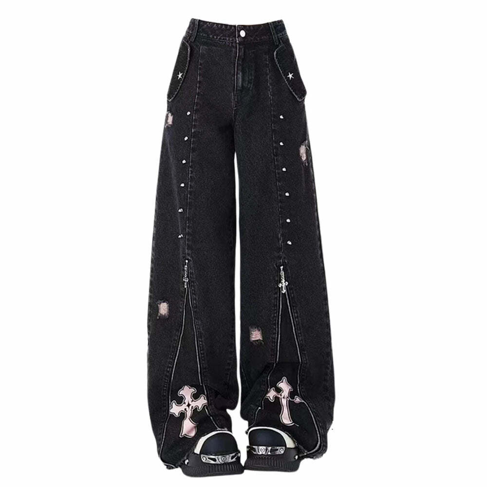 Pastel Goth Cross Baggy Jeans - Trendy Y2K Fashion Outfit for Fall 2000s