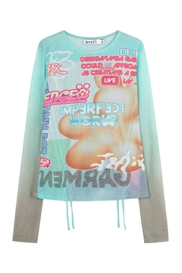 Pastel Graphic Mesh Top - Trendy Y2K Fashion Outfit for 2000s Aesthetic