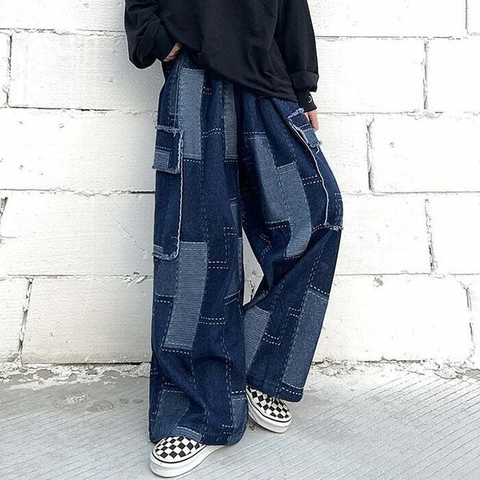 Patchwork Baggy Jeans - Trendy 2000s Fashion Outfits for Y2K Style