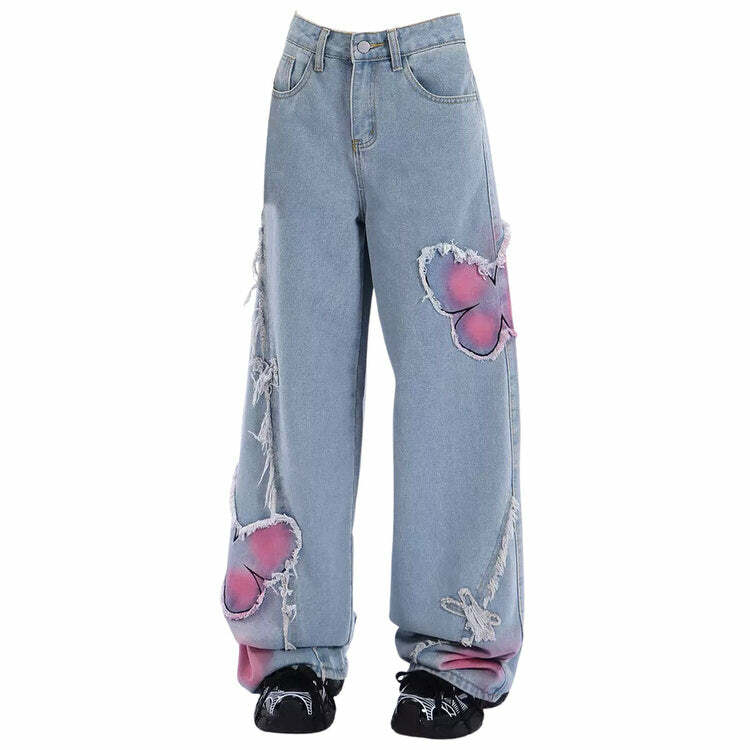 Pink Butterfly Wide Leg Jeans - Y2K Fashion Outfit for 2000s Style