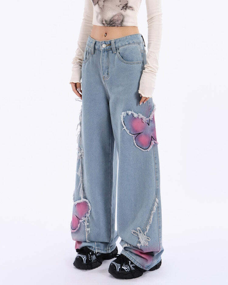 Pink Butterfly Wide Leg Jeans - Y2K Fashion Outfit for 2000s Style