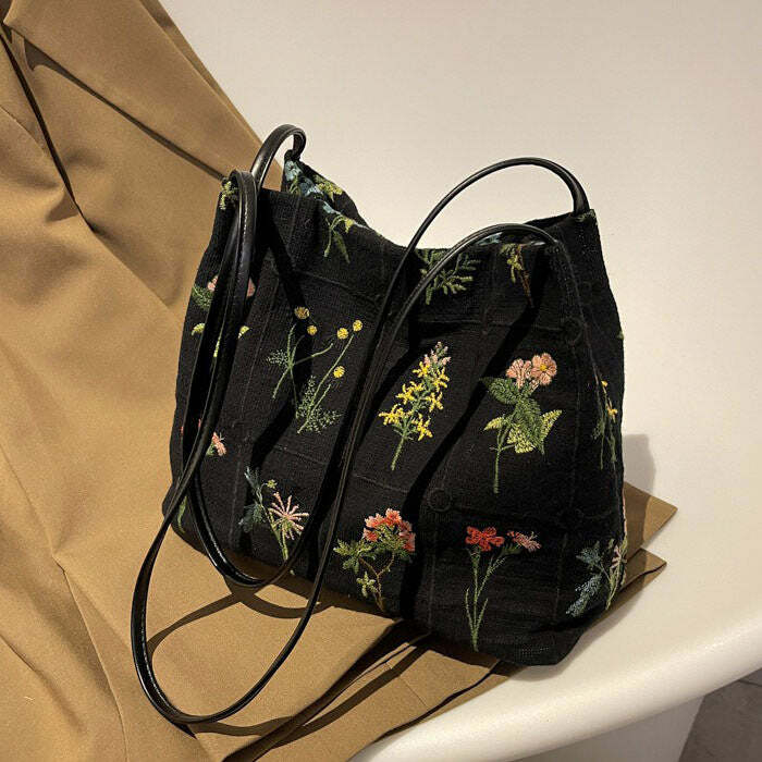 Plant Mom Aesthetic Flower Embroidery Bag | Y2K Fashion Outfits 2000s