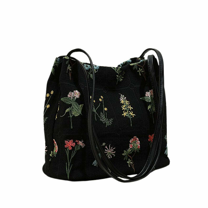 Plant Mom Aesthetic Flower Embroidery Bag | Y2K Fashion Outfits 2000s