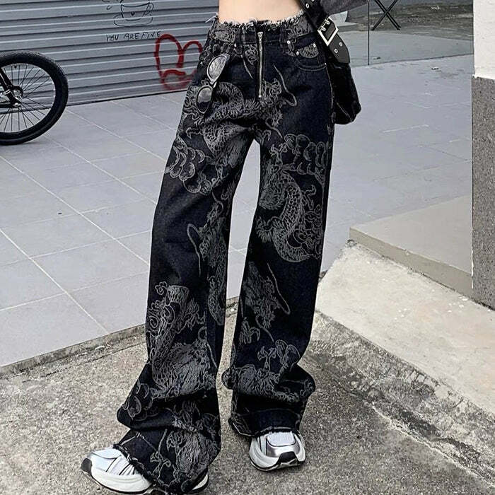 Real Y2k Japanese Dragon Aesthetic Jeans - Cute 2000s Outfit Inspiration