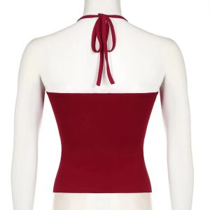 Red Lace-Trim Halter Top - Iconic Y2K Fashion Outfit for Fall 2000s Style