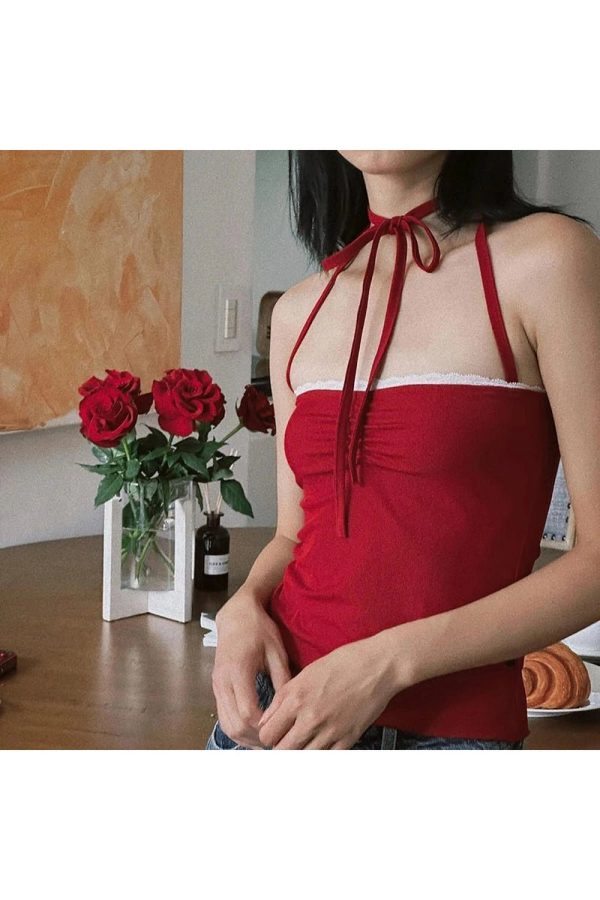 Red Lace-Trim Halter Top - Iconic Y2K Fashion Outfit for Fall 2000s Style