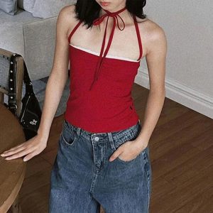 Red Lace-Trim Halter Top - Iconic Y2K Fashion Outfit for Fall 2000s Style