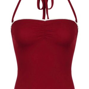 Red Lace-Trim Halter Top - Iconic Y2K Fashion Outfit for Fall 2000s Style