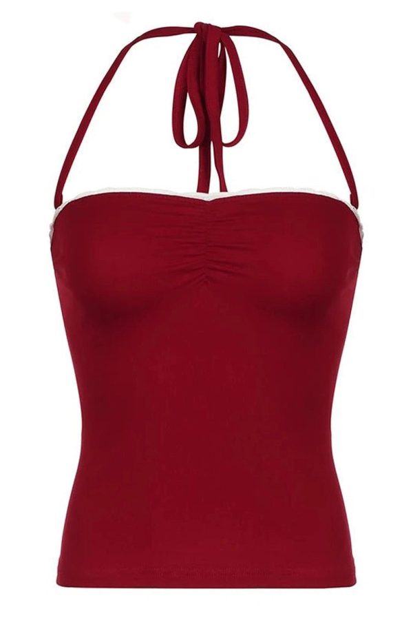 Red Lace-Trim Halter Top - Iconic Y2K Fashion Outfit for Fall 2000s Style