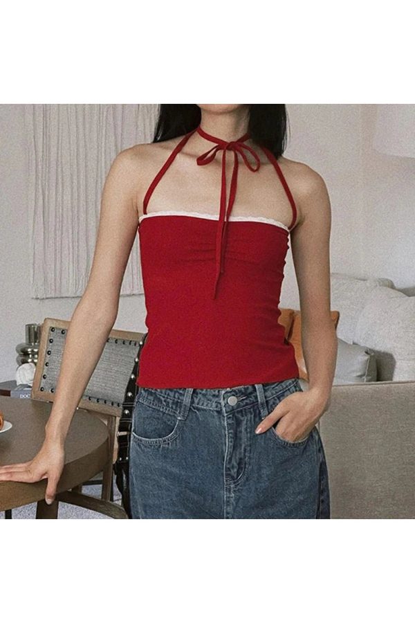 Red Lace-Trim Halter Top - Iconic Y2K Fashion Outfit for Fall 2000s Style