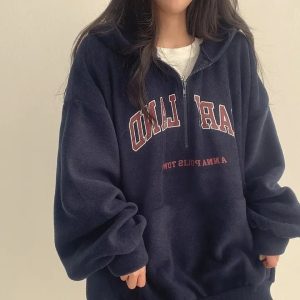 Retro Campus Half-Zip Hoodie - Y2K Fashion Outfit for 2000s Style