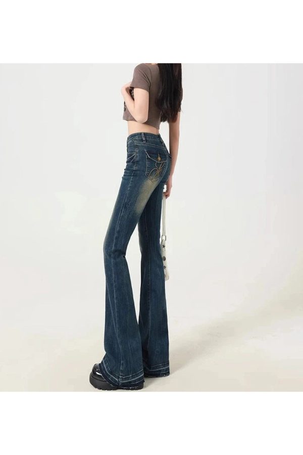 Retro Embroidered Flare Jeans - Iconic Y2K Fashion Outfits for Fall