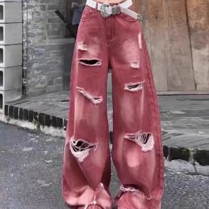 Retro Rose Distressed Baggy Jeans - Y2K Fashion Outfit for 2000s Style